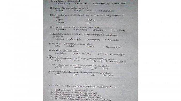 Nama Ahok dan Partai Kafir Masuk Soal Ujian Akhir Semester di Purbalingga