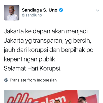 Sempat Salah Cuit, Sandiaga Tweet Ulang Ucapan Selamat Hari &#91;Anti&#93;korupsi