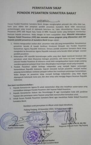 Ini Pernyataan Sikap Resmi FPP Sumbar Terhadap Yayasan Peduli Pesantren Hari Tanoe