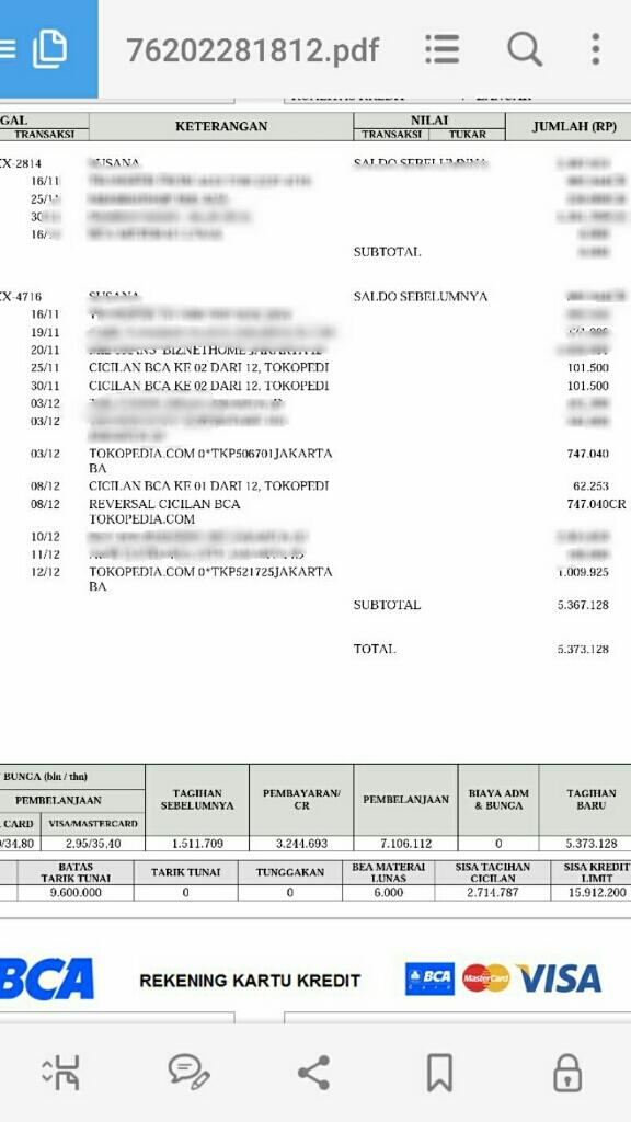 Tokopedia mendebet dobel cicilan kartu kredit BCA saya