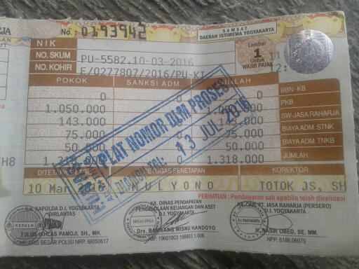 Simulasi perhitungan Biaya STNK tahun 2017 tarif baru