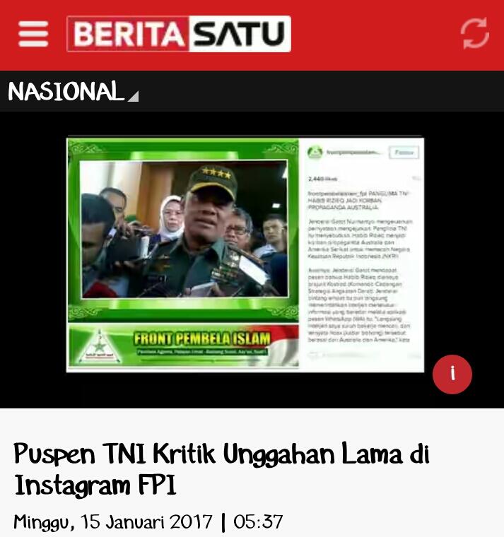 Puspen TNI Kritik Unggahan Lama di Instagram FPI