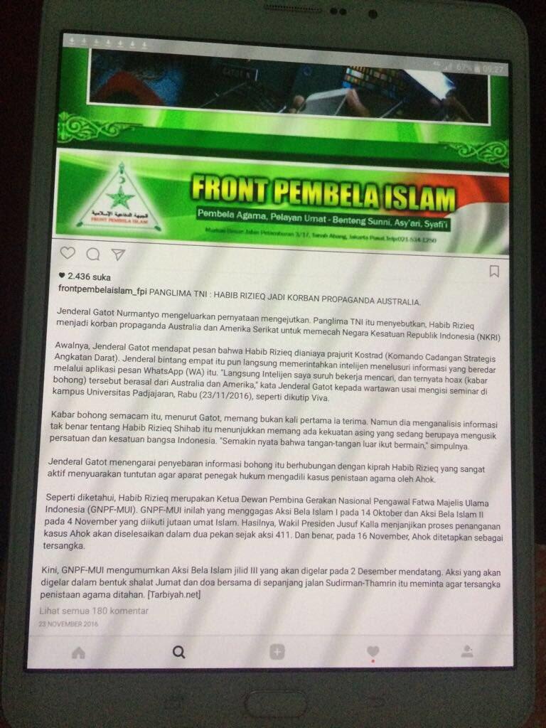 Puspen TNI Kritik Unggahan Lama di Instagram FPI