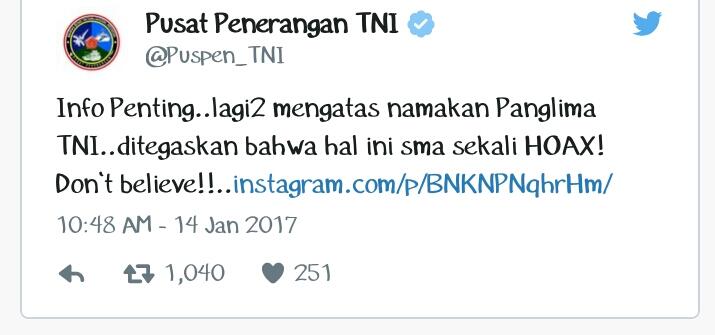 Puspen TNI Kritik Unggahan Lama di Instagram FPI