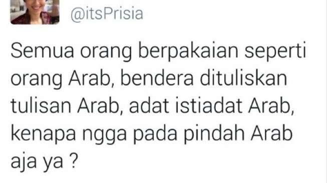 Cuit soal Arab, Prisia Nasution &quot;Twitwar&quot; dengan Netizen