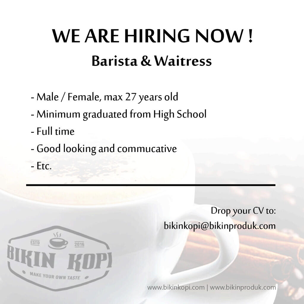 &#91;LOKER&#93; LOWONGAN KERJA BARISTA / WAITRESS BOGOR JANUARI 2017