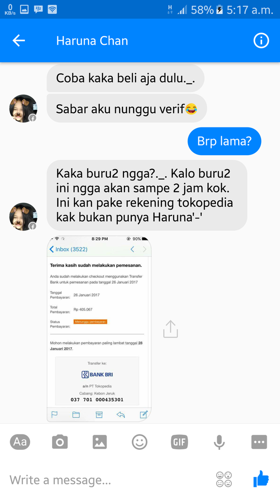 Penipuan oleh akun FB Haruna Chan aka FarahDewi3424