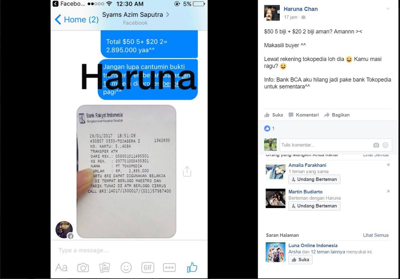 Penipuan oleh akun FB Haruna Chan aka FarahDewi3424
