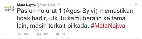 Mata Najwa : Paslon no urut 1 (Agus-Sylvi) memastikan tidak hadir