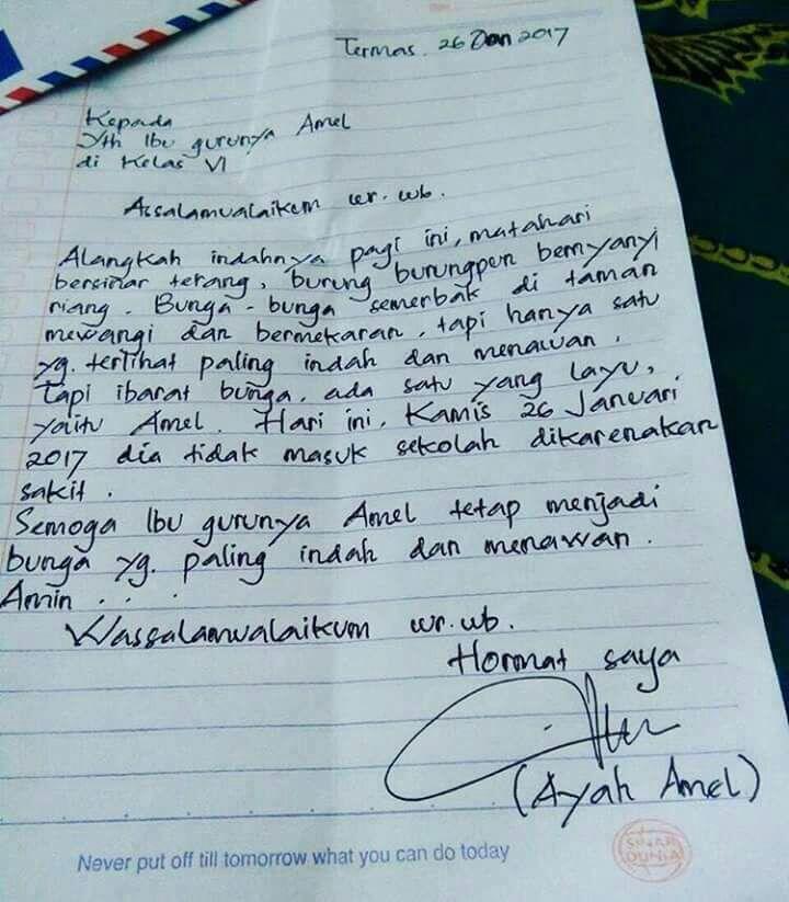 Surat Izin Sakit Buatan Ayah Amel Jadi Viral, Netizen: Puitis Sekali