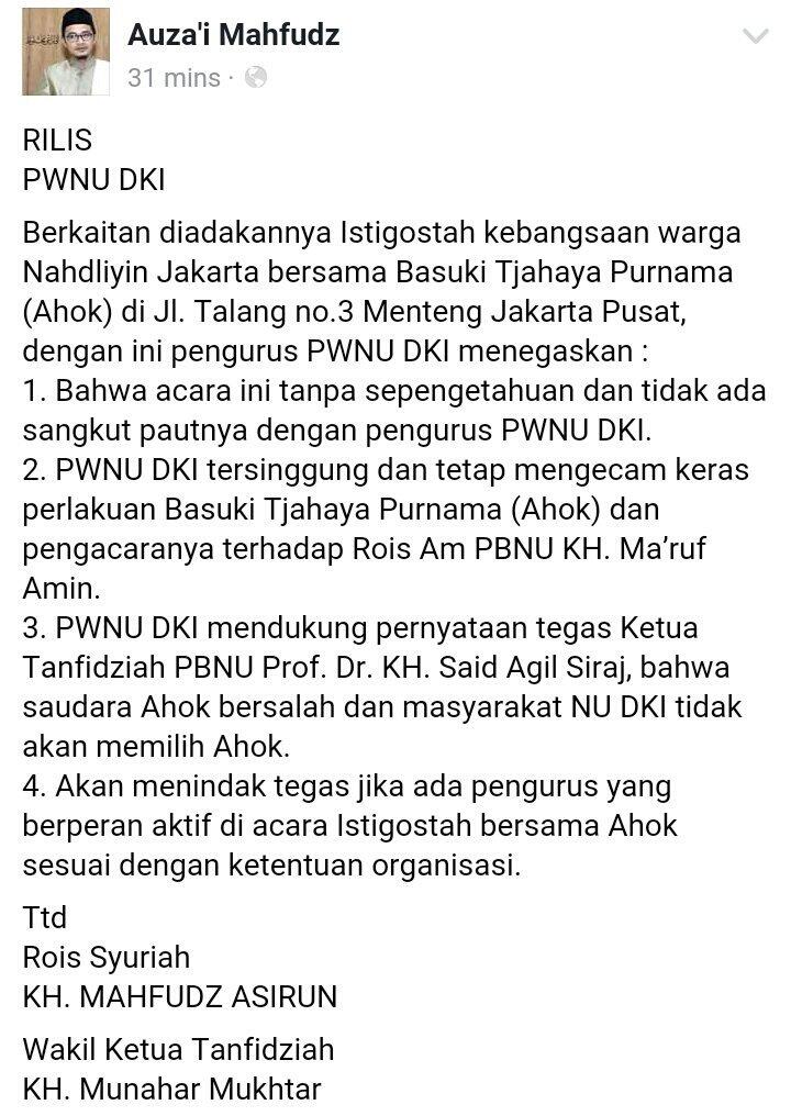 PWNU Jakarta Akan Tindak Tegas Pengurus Yang Bikin Istighosah Bareng Ahok