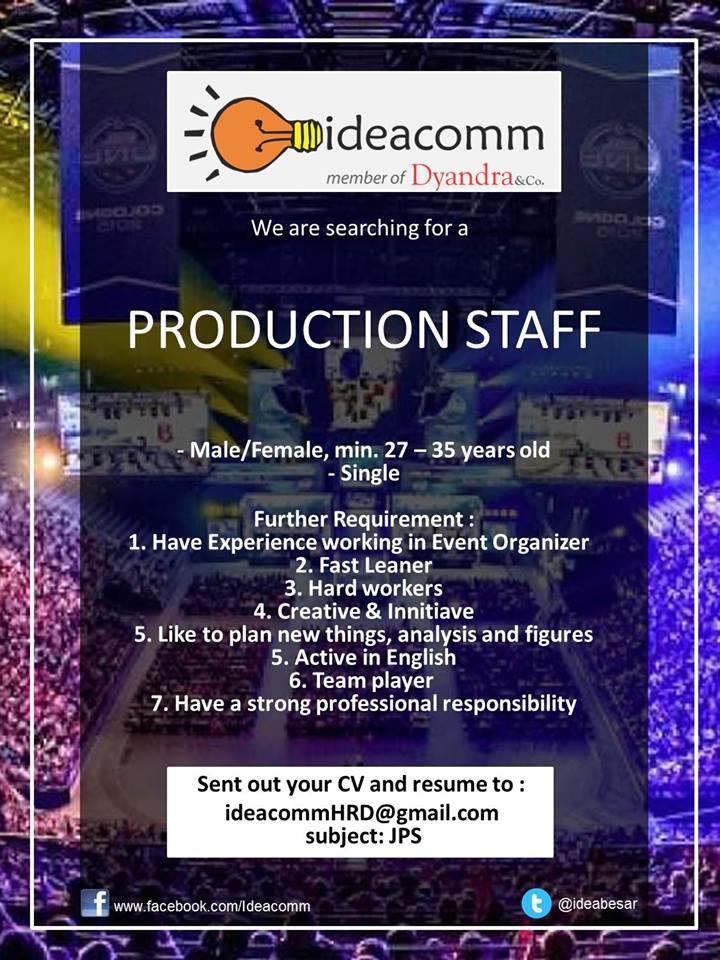 LOKER : Production Staff di Event Organizer