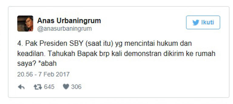 Anas: Pak SBY, Tahukah Berapa Kali Demo Dikirim ke Rumah Saya? 