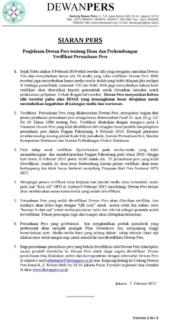 Dewan Pers Pastikan Berita Verifikasi Media Massa adalah Hoax