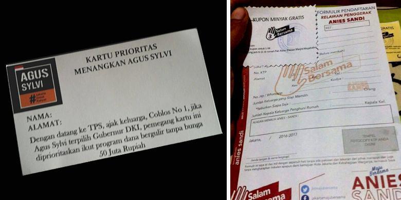 Bawaslu DKI Selidiki Kartu Prioritas Agus -Sylvi dan Kupon Minyak Gratis Anies-Sandi