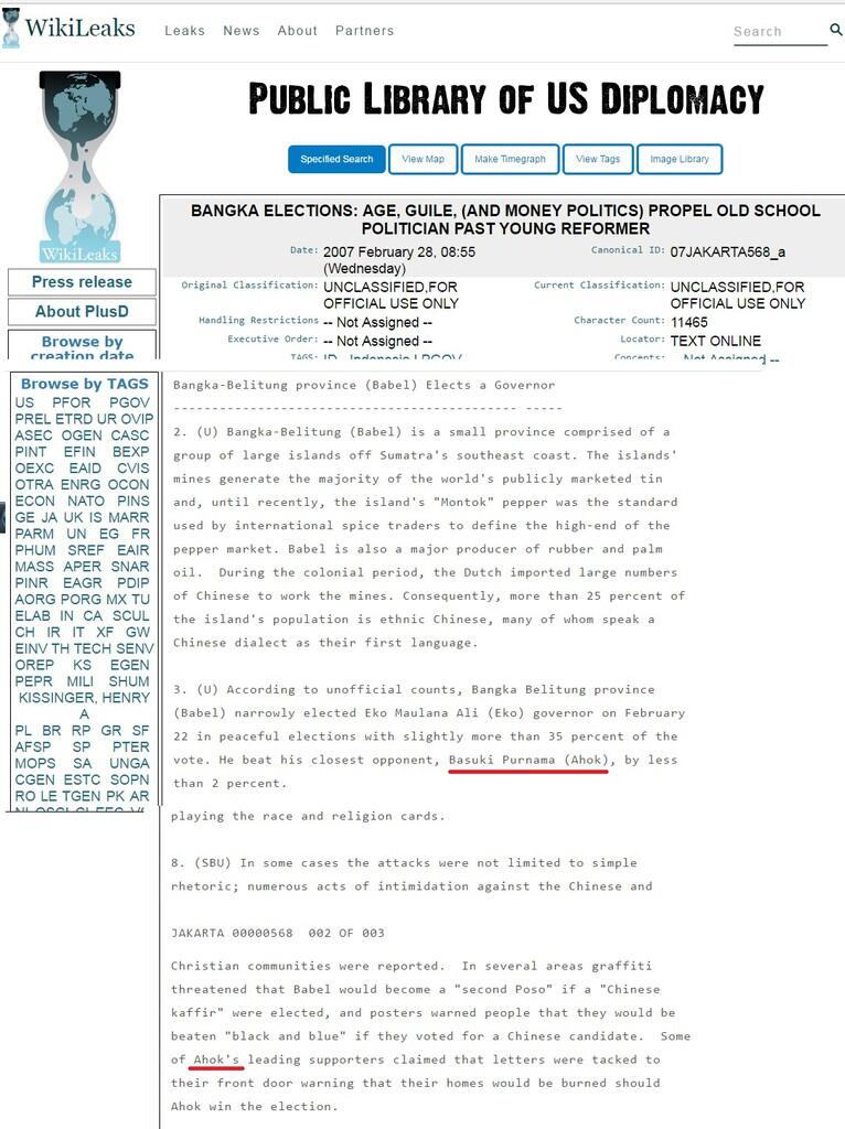 Nama AHOK Ternyata Pernah Disebut dalam Dokumen Wikileaks di Tahun 2007