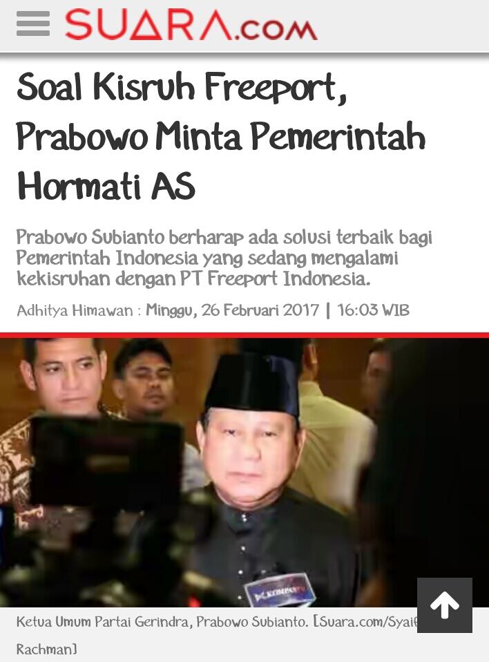 Soal Kisruh Freeport, Prabowo Minta Pemerintah Hormati AS