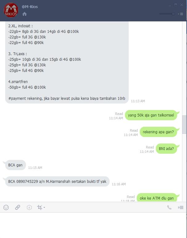 Penipuan jual beli pulsa/paket data/voucher game online atas nama M.Harmanshah .