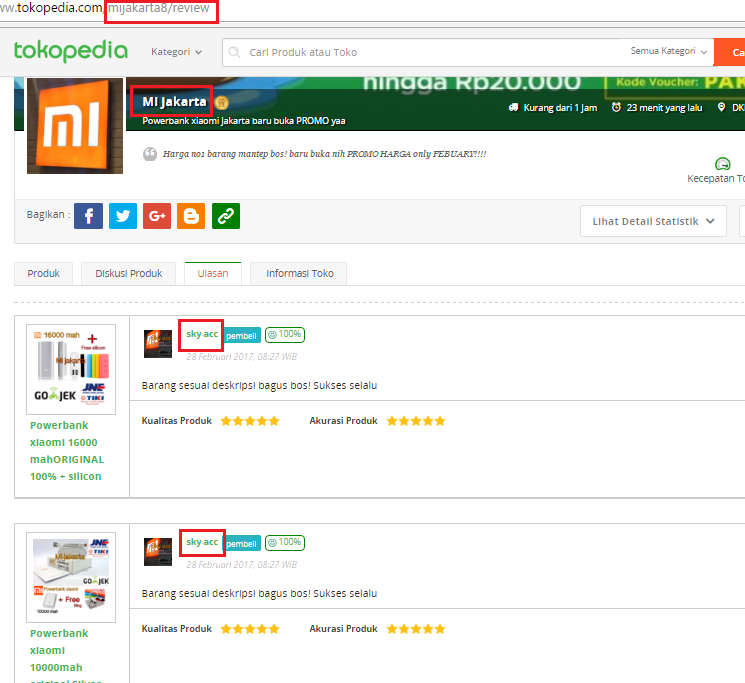 Sky acc TOKOPEDIA, PENIPU Penjual Powerbank Xiaomi PALSU
