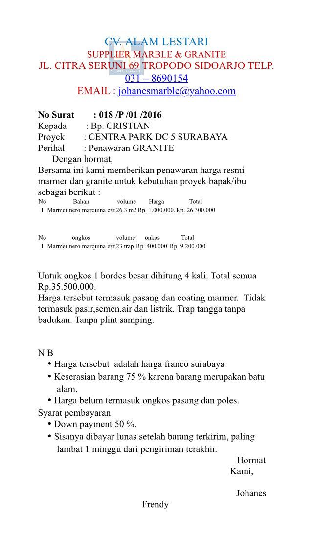 penipuan oleh johanes frendy cv alam lestari surabaya