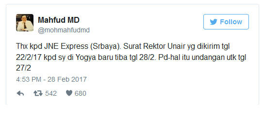 Dikirim Via JNE Express, Surat Rektor UNAIR Untuk Mahfud MD Jadi Kadaluarsa