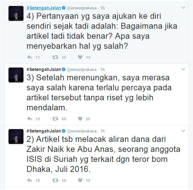 Sebut Zakir Naik Danai ISIS, Ernest Minta Maaf Melalui 10 Kicauan Ini