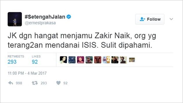 Usai Tuding Zakir Naik Soal ISIS, Ernest Prakasa Minta Maaf dan Tuliskan Ini