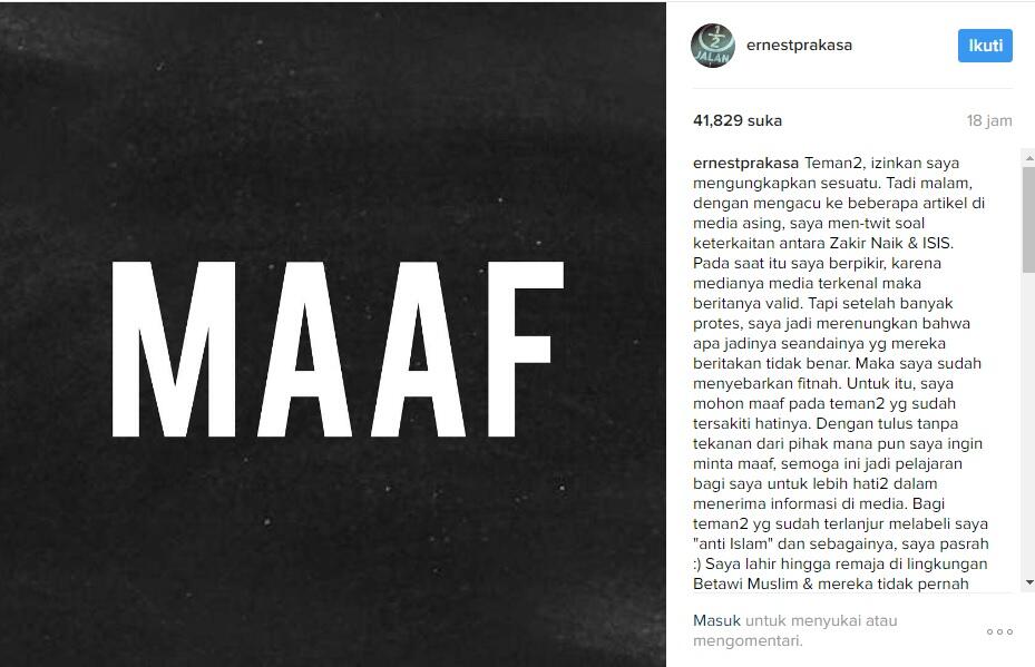 Usai Tuding Zakir Naik Soal ISIS, Ernest Prakasa Minta Maaf dan Tuliskan Ini