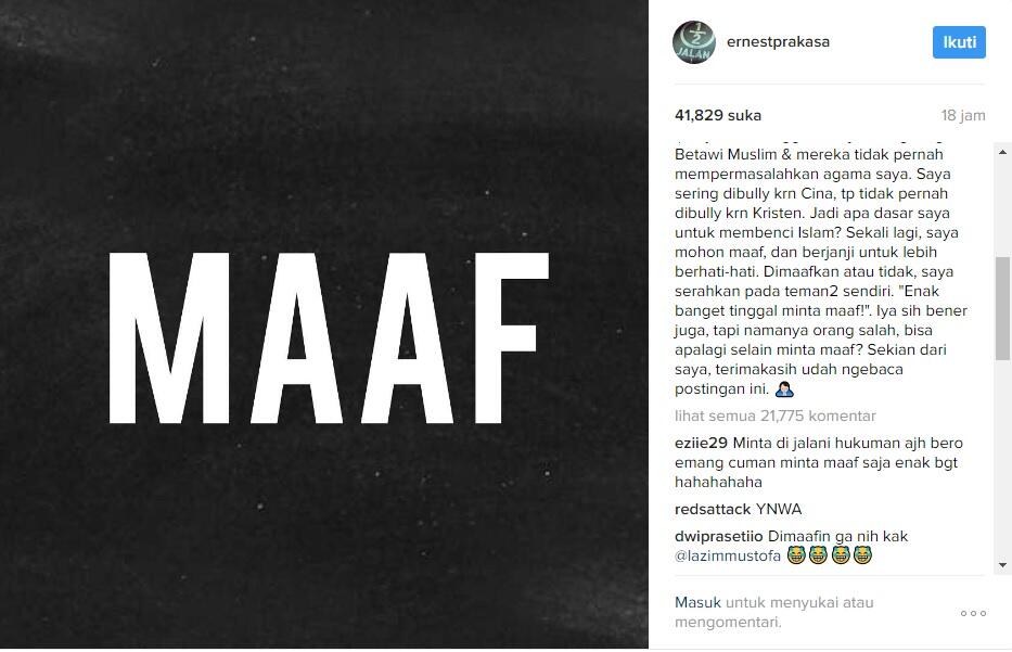 Usai Tuding Zakir Naik Soal ISIS, Ernest Prakasa Minta Maaf dan Tuliskan Ini