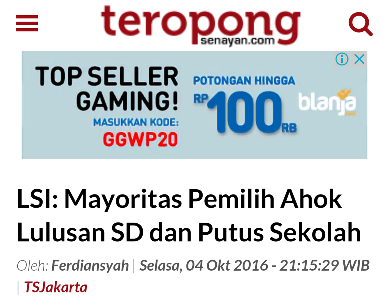 LSI Denny JA: 93,20% Pemilih Agus-silvy tak rela jakarta di pimpin seorang terdakwa