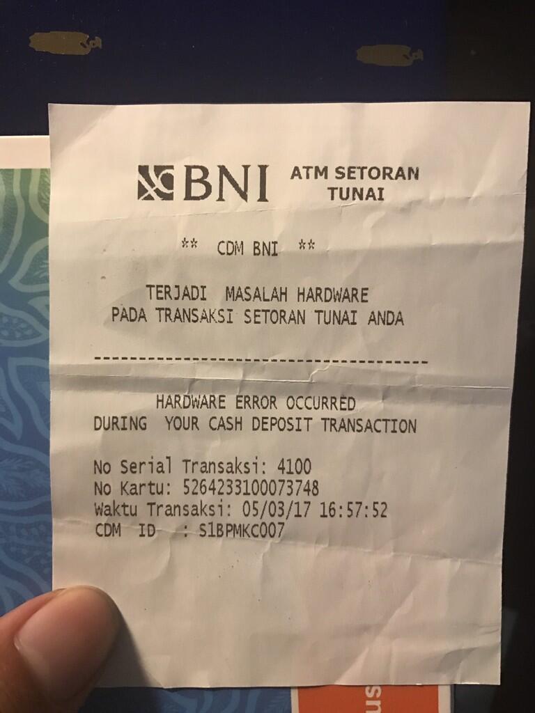 Setor Tunai BNI Gagal dan Uang Tidak Kembali