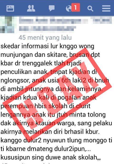 Informasi Adanya Penculikan Anak di Wilayah Tugu dan Pogalan Trenggalek adalah Hoax
