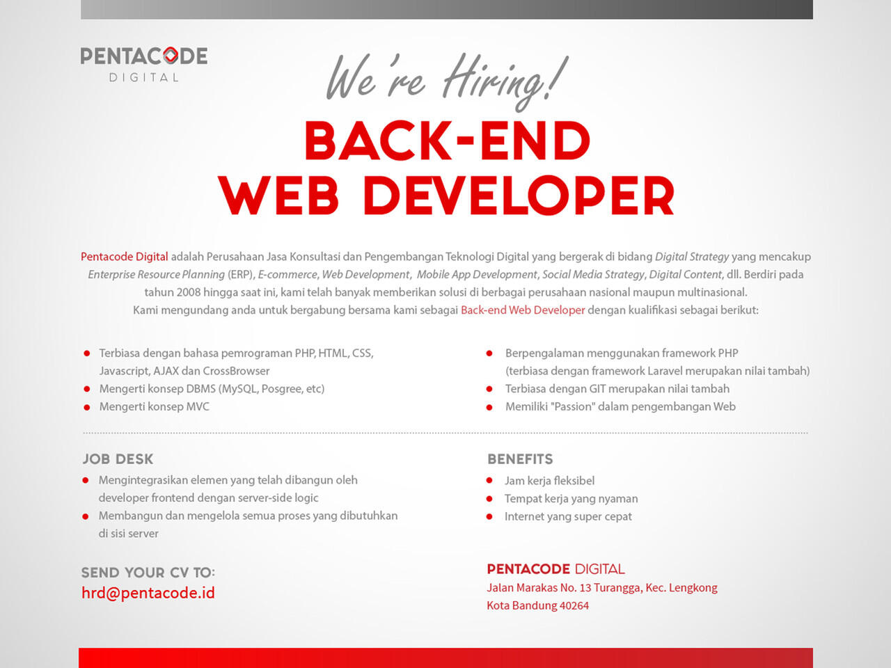 &#91;BANDUNG&#93; Web Programmer (Back End) | PT Pentacode Digital | 2nd Batch