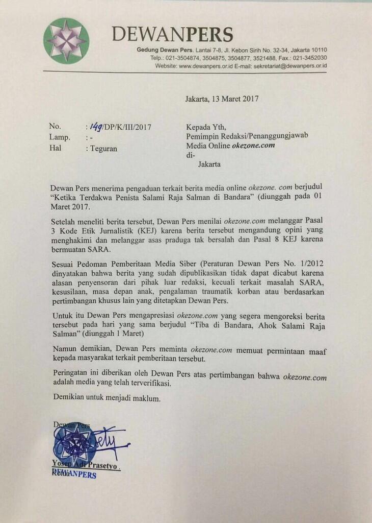 Okezone Mendapat Teguran Dari Dewan Pers Soal Ahok, Diminta Untuk Meminta Maaf