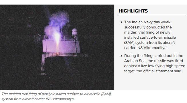 Indian Navy fires surface-to-air missile from INS Vikramaditya