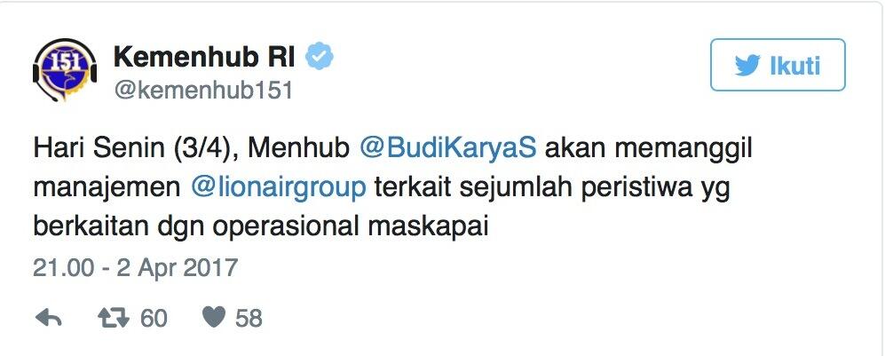 Menhub Bakal Panggil Manajemen Lion Grup