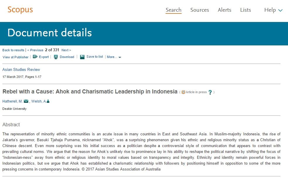 NAMA &quot;AHOK&quot; MUNCUL DI JURNAL INTERNASIONAL &quot;SCOPUS&quot;