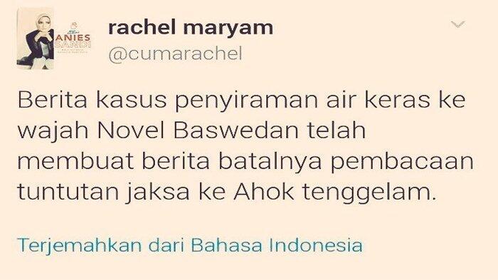 Gara-gara Kicauannya Soal Penyiraman Novel Baswedan, Rachel Maryam Diserang Netizen