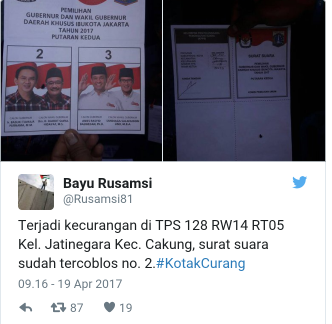 Kecurangan di TPS 128 RW14 RT05 Jatinegara, Surat Suara Sudah Tercoblos Paslon 2