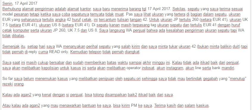 Penipuan oleh penjual sepatu di instagram