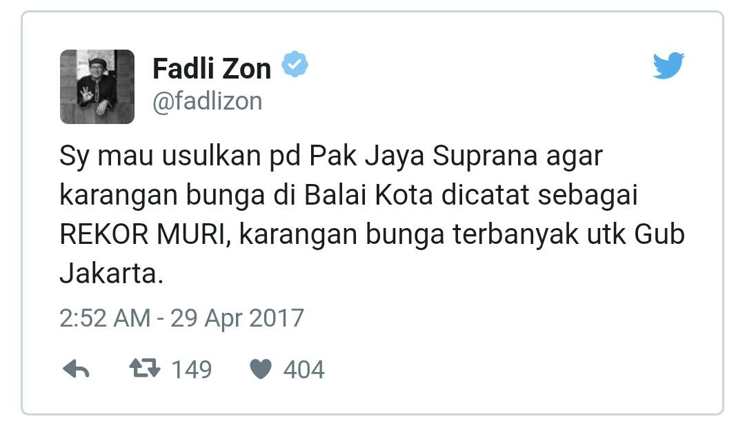 Fadli Zon Usulkan Karangan Bunga Balai Kota Dapat Rekor Muri