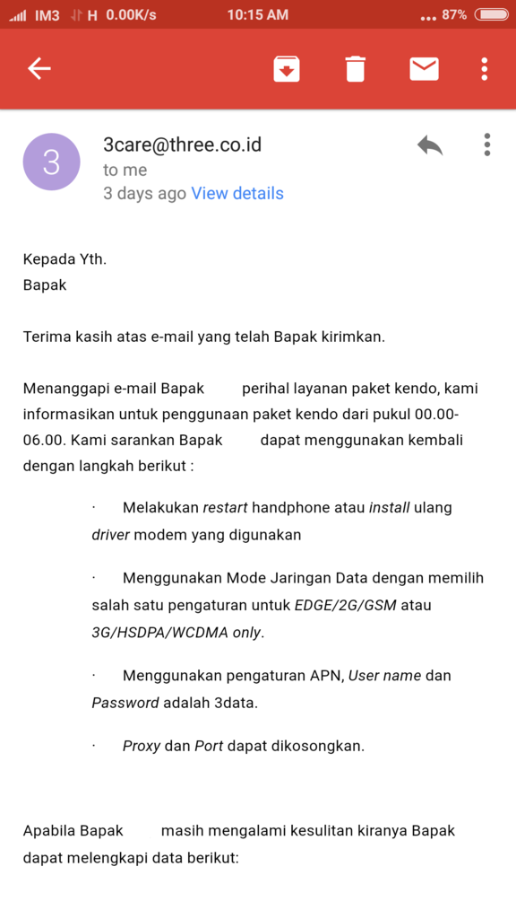 OPERATOR TRI/3 MENGHILANGKAN QUOTA KENDO SECARA TIBA- TIBA
