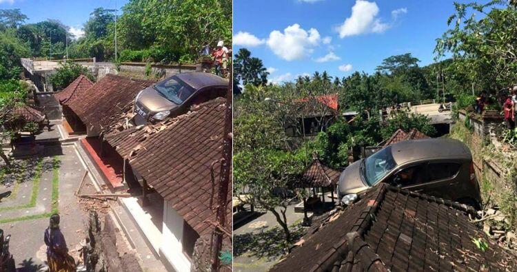 Warga Ubud dihebohkan dengan mobil 'terbang' yang nyangkut di atap