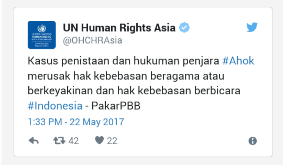 PBB Desak RI Bebaskan Ahok