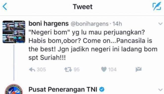 TNI Sentil Cuitan Boni Hargens Soal Bom Kampung Melayu