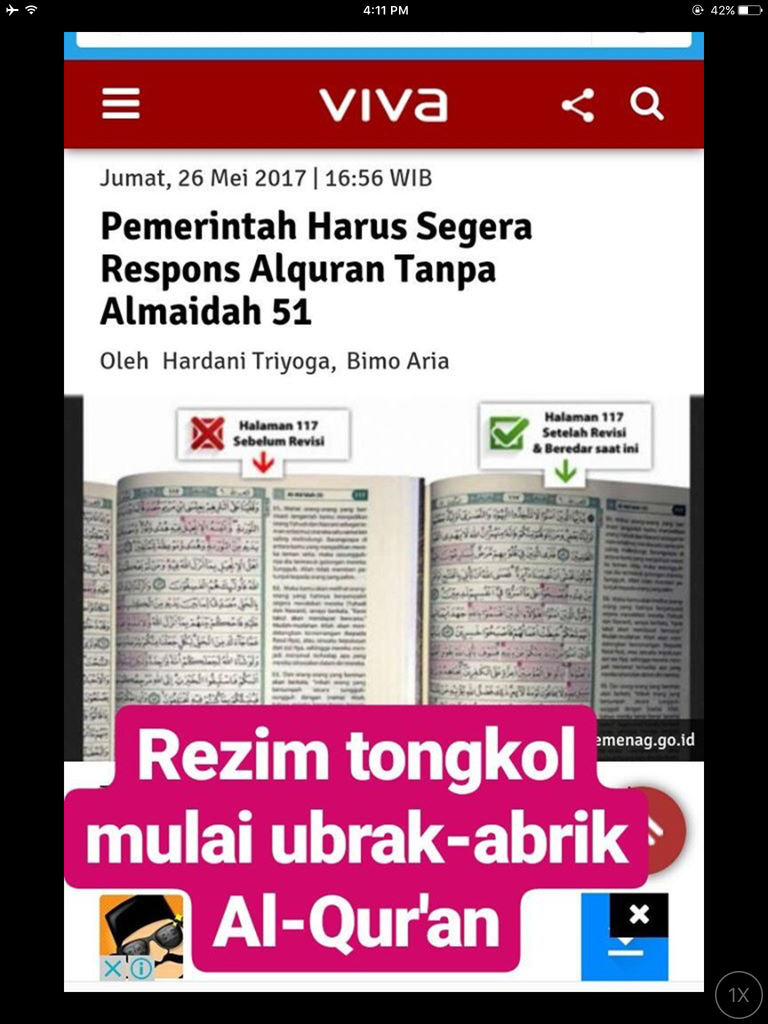 Sempat Heboh , Penerbit alquran tanpa almaidan 51 dan 57 akirnya ditegur Kemenag !
