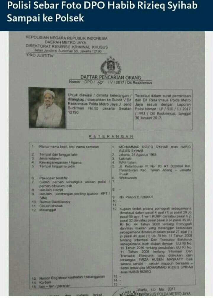 Polisi Sebarkan Poster Rizieq Shihab Berstatus Buronan