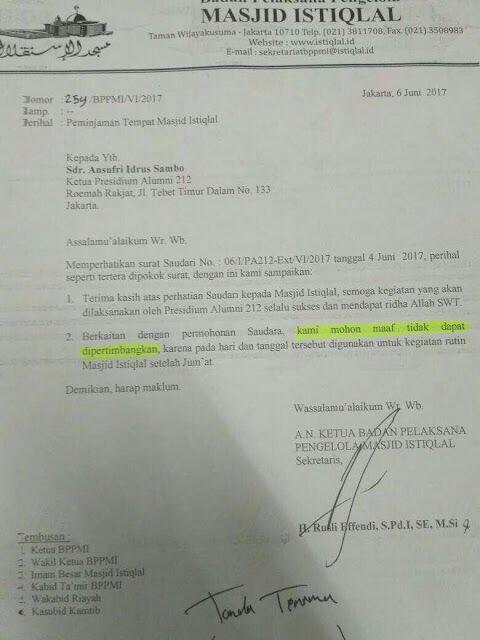 Menejemen Istiqlal Keluarkan Maklumat Larang Aksi 96