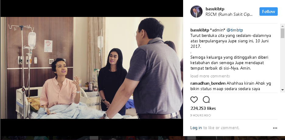 Ahok Sampaikan Rasa Duka Untuk Julia Perez