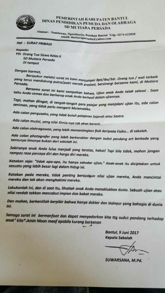 Bikin Haru Gan! Surat Kepala Sekolah di Bantul Yang Inspiratif 